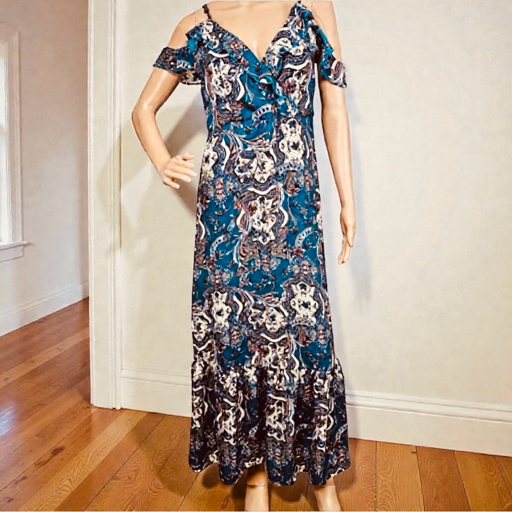 Boho Teal Floral Off-Shoulder Maxi Dress Juniors M